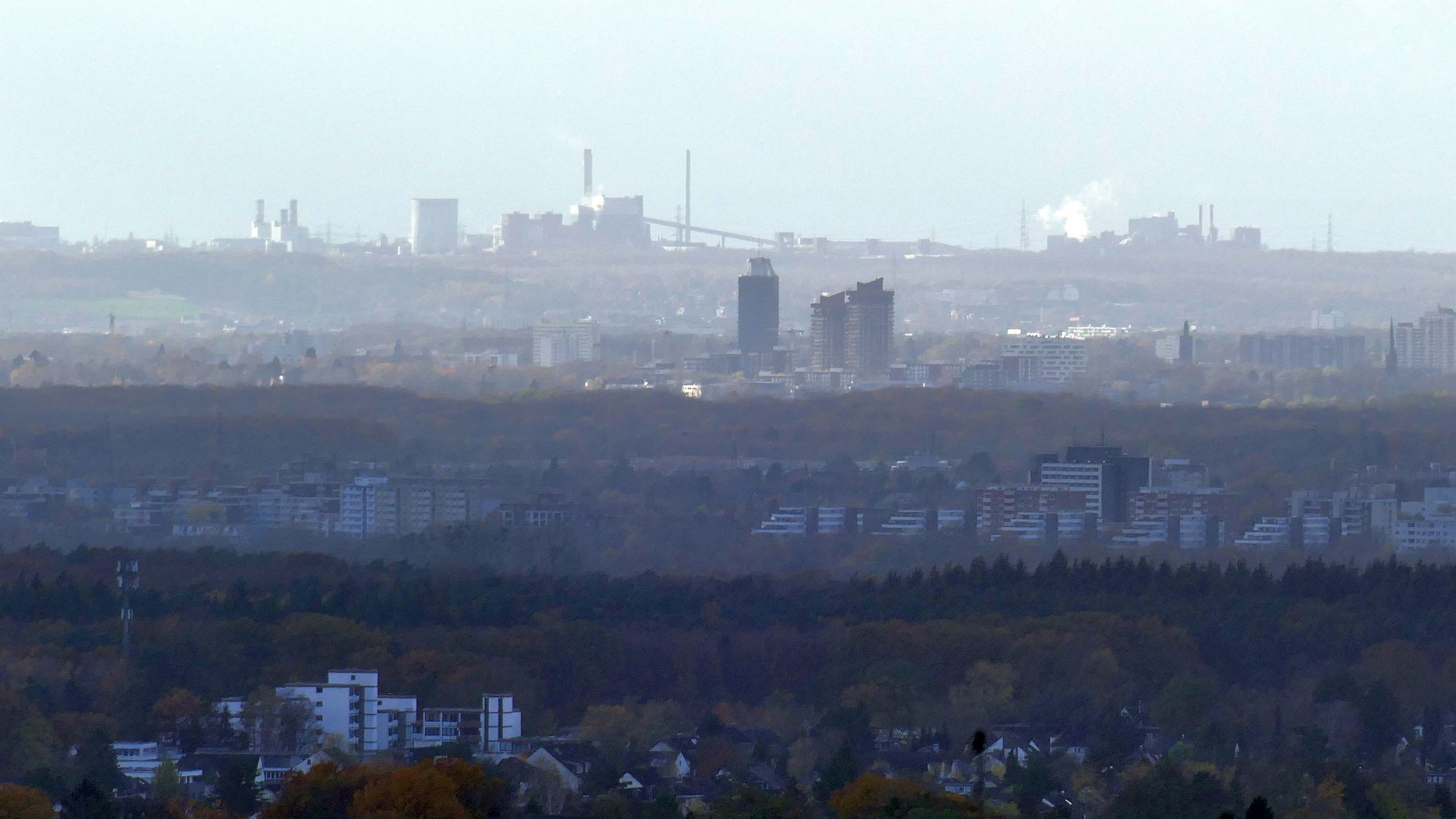 Telefoto von Industrieanlagen und Kraftwerken jenseits des Rheins